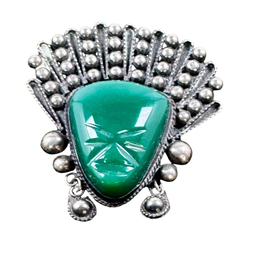 Vintage Mexican Sterling Silver Carved Green Onyx Mayan Mask Brooch Pin BEAUTY